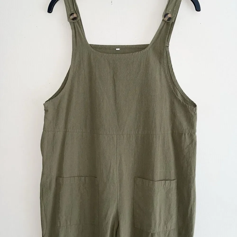 Lagenlook Overall Womens Size L Hunter Green Cotton Blend Slouchy Lightweight - Picture 2 of 10